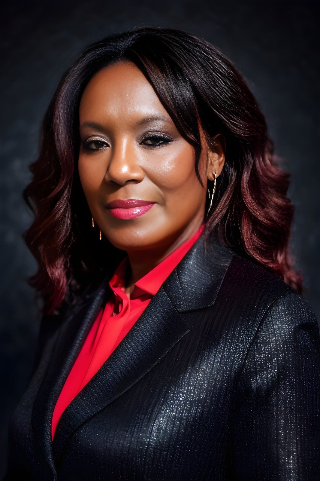 Portrait of Angela R. Buffington in a dark textured blazer and red blouse